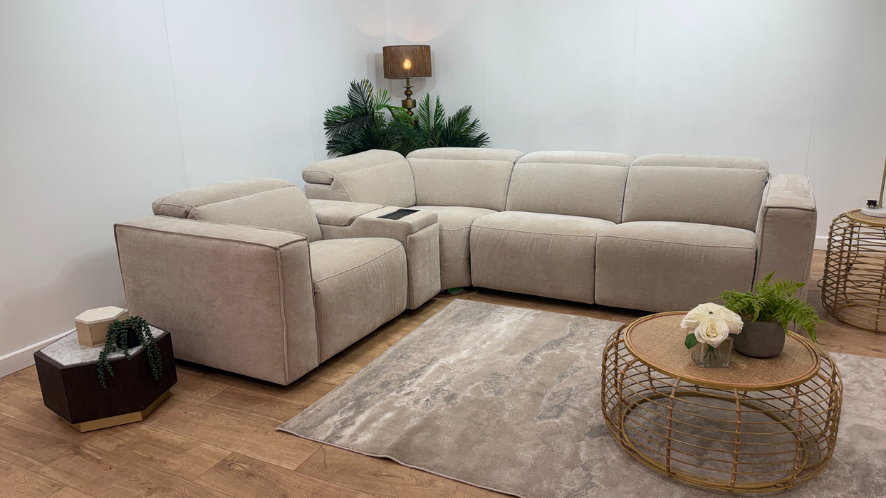 Sofology Horizon Fabric 1.5 Smart Console Corner 3 Power Recliner/Headrest Heated Seats in Textured Chenille Stone