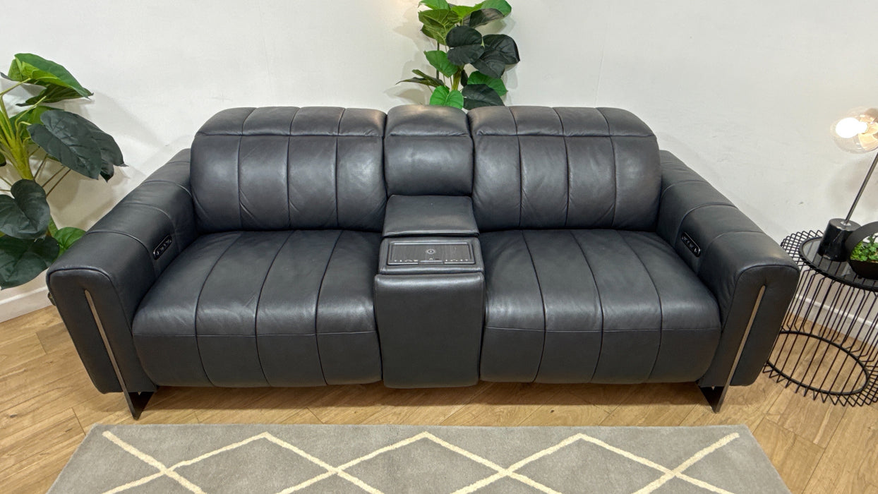 Sofology Paramount Leather 2.5 Seater Console Power Recliner/Headrest Speakers in Trusty Embossed Navy