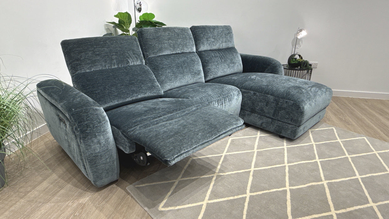 Sofology Drift Fabric 4 Seater Chaise Power Recliner/Headrest in Luxury Textured Chenille Lagoon