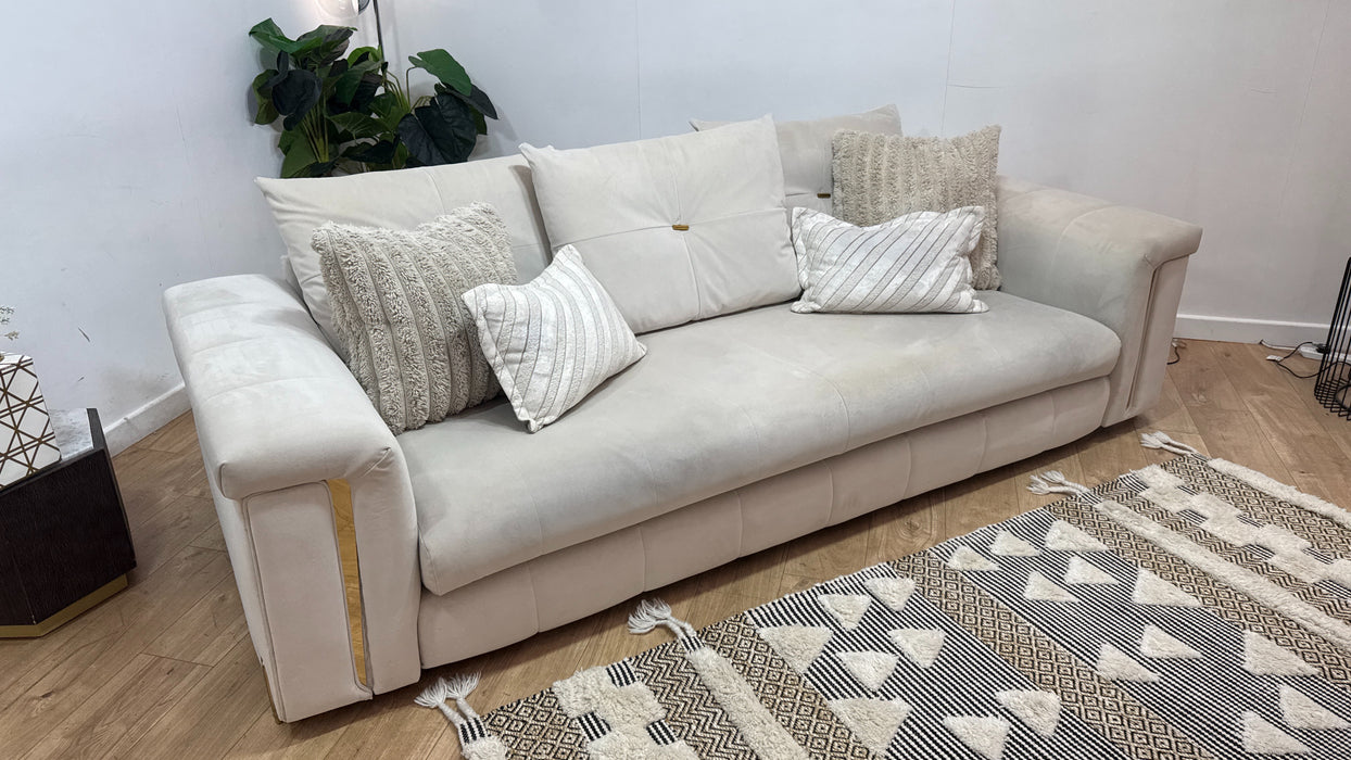 Sofology Oscar Fabric 4 Seater Gold Trim in Super Matt Velvet Ecru Mix