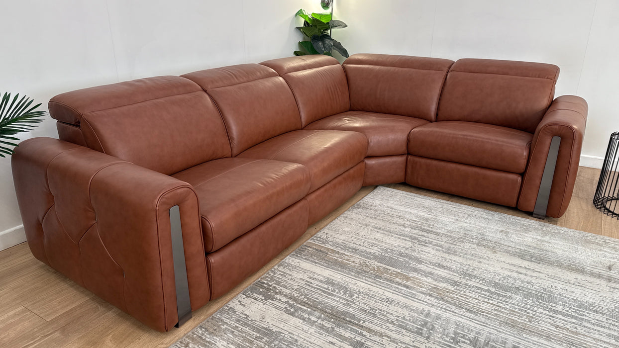 Sofology Kingsbridge Leather 3 Corner 1.5 Power Recliner/Headrest Heated Seat in Trusty Embossed Cognac