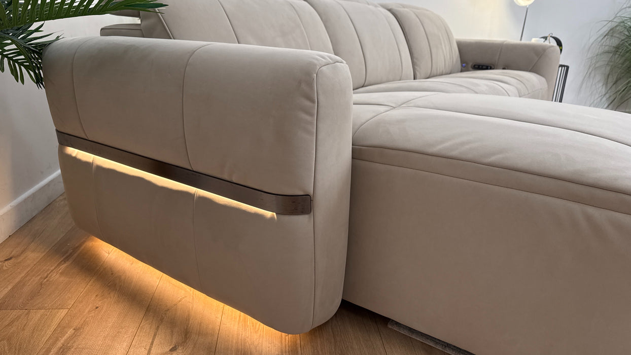 Sofology Lumiere Fabric Chaise 4 Seater Power Recliner/Headrest Heated Seat in Lifestyle Nubuck Feel Stone