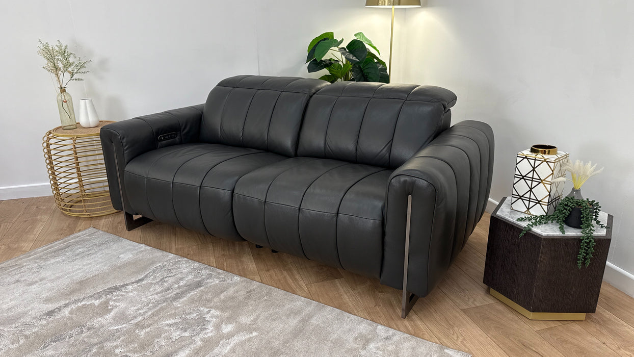 Sofology The Paramount Leather 2.5 Seater Console Power Recliner/Headrests Speakers in Trusty Embossed Charcoal