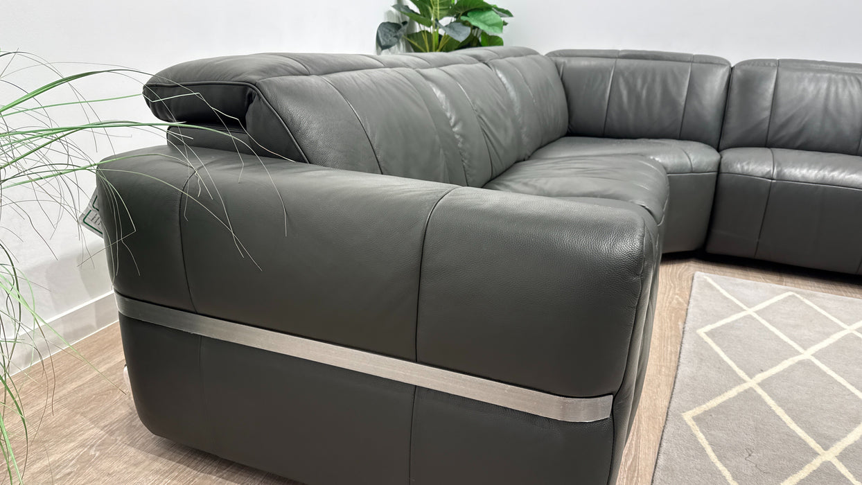 Sofology Lumiere Leather 3 Corner 3 Power Recliner/Headrest in Trusty Embossed Charcoal
