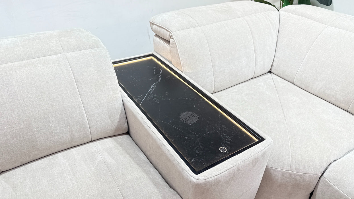 Sofology Lumiere Fabric 3 Console Corner 3 Power Recliner/Headrest Gunmetal Trim in Relaxed Chenille Cotton