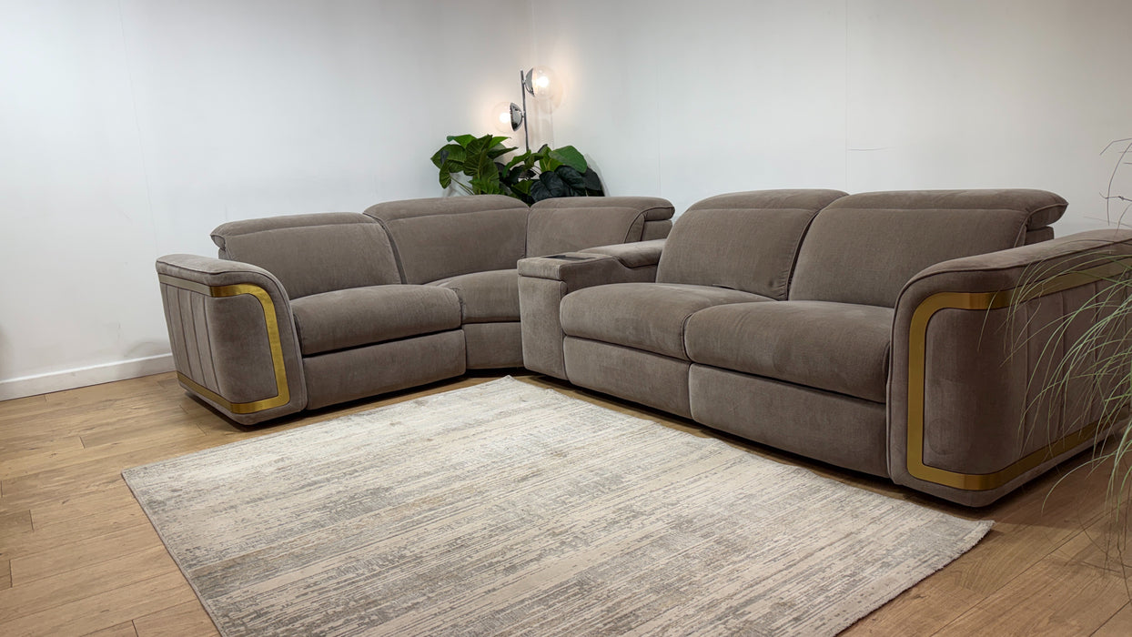 Sofology Plaza Fabric 1.5 Smart Console Corner 3 Power Recliner/Headrest Heated Seats in Relaxed Chenille Nutmeg