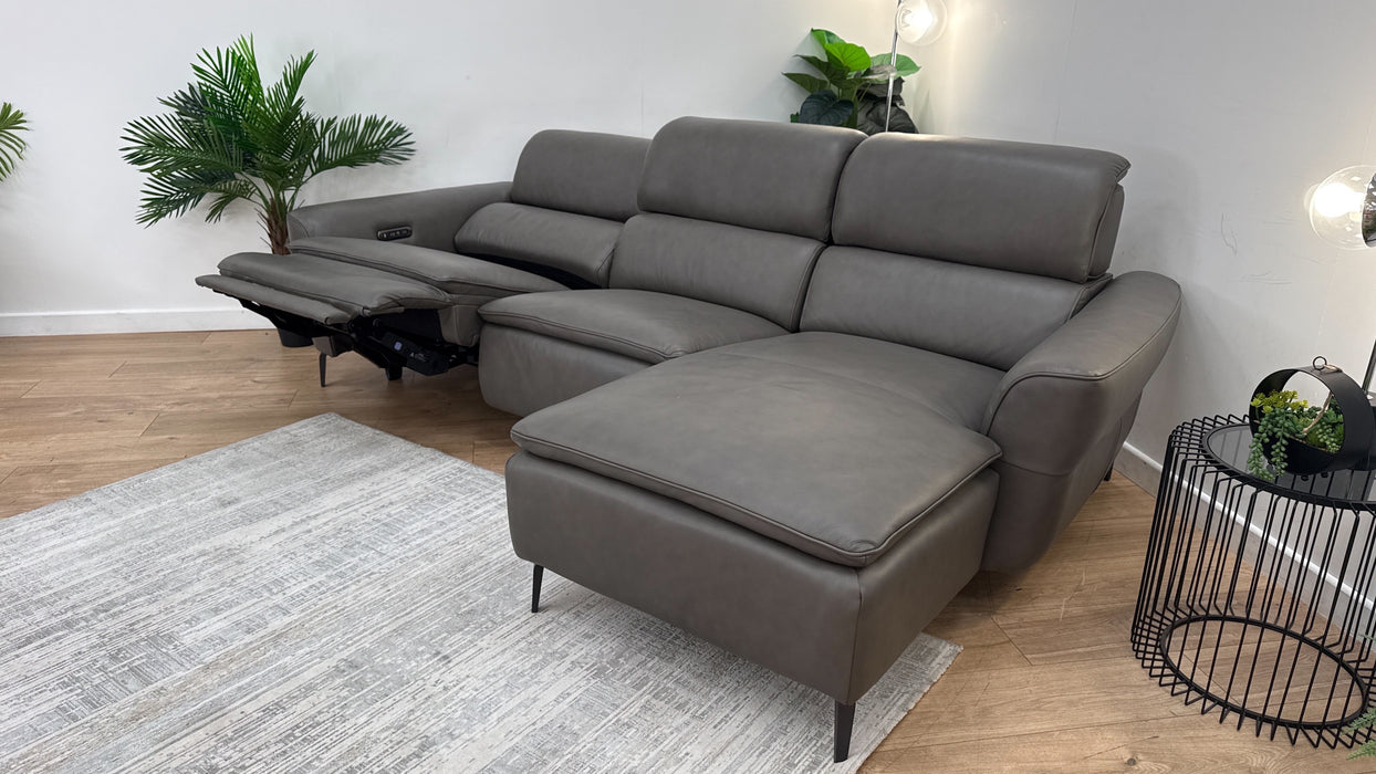 Sofology The Viento Leather 3 Seater Chaise Power Recliner/Headrest in Trusty Embossed Grey