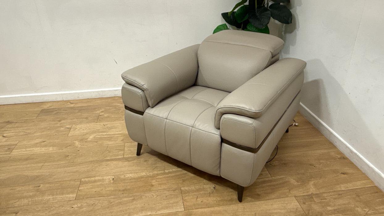 Sofology Milan Leather Chair Power Recliner/Headrests Lumbar Support in Trusty Embossed Light Grey