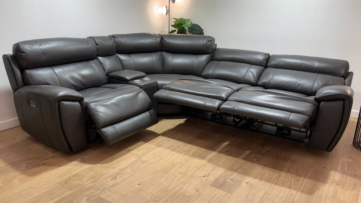 Sofology Radleigh Leather 1.5 Corner 2.5 Console Triple Power Recliner/Headrest in Trusty Soft Sheen Charcoal