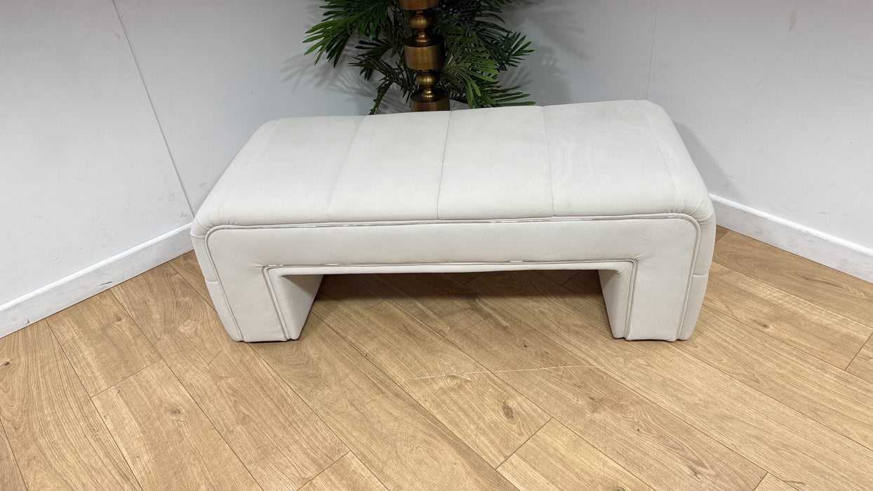 Sofology Oscar Fabric Small Bench Footstool Silver Trim in Super Matt Velvet Ecru