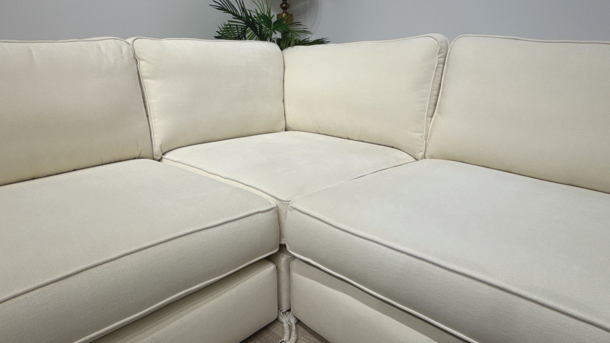 Sofology Atelier Fabric 1 Corner 3 Full Back in Soft Chenille Ivory Mix With Black Contrast Piping