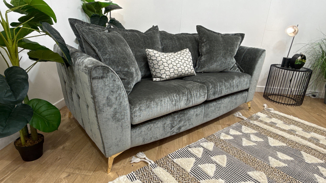 Sofology Luella Fabric 3 Seater Gold Buttons in Luxe Chenille Alpine Green Mix