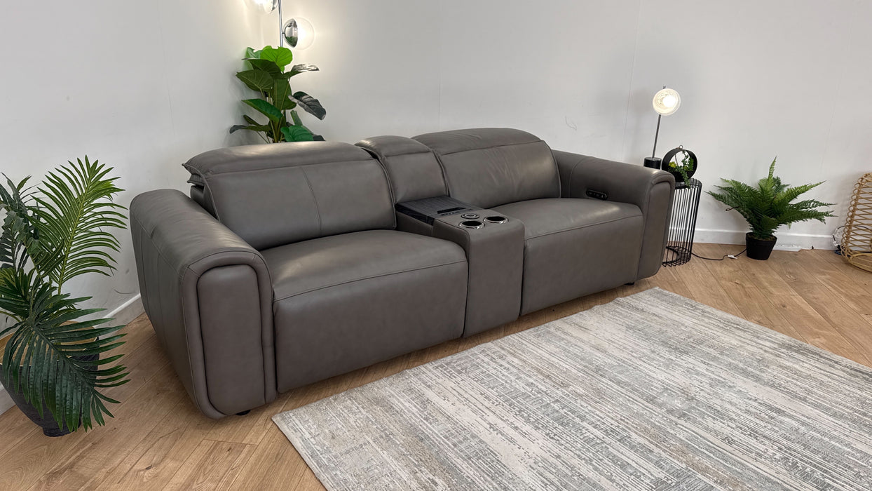 Sofology The Premiere 2.5 Seater Recliner Sofa Console in Trusty Embossed Leather Grey