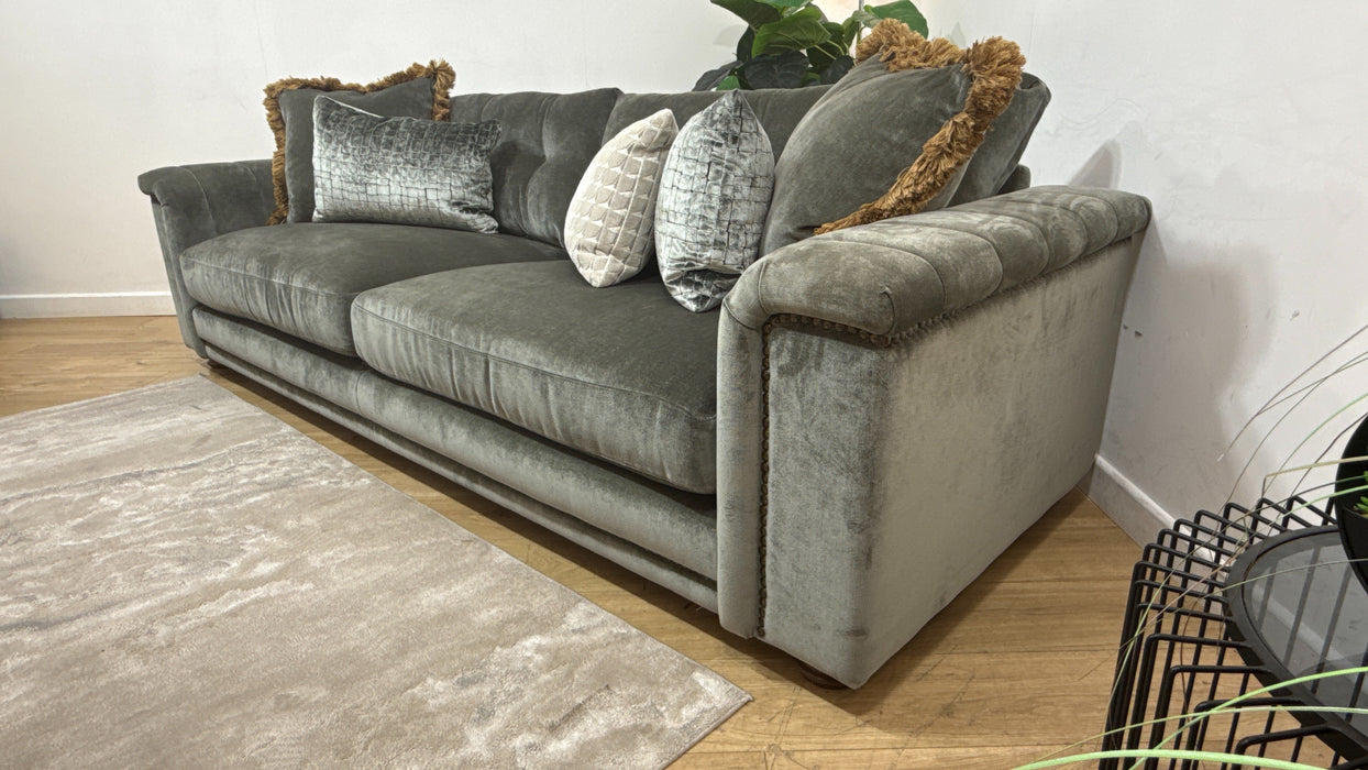 Sofology Regency Fabric 4 Seater Foam Seats with Studs in Fine Textured Chenille Grey Sage Mix