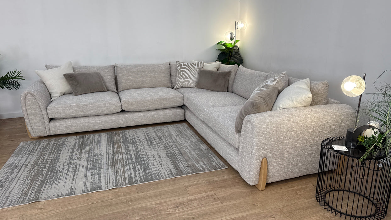 Sofology Marble Arch Fabric 3 Corner 1 Light Wood Trim in Chunky Flecked Boucle Stone/Ecru Mix