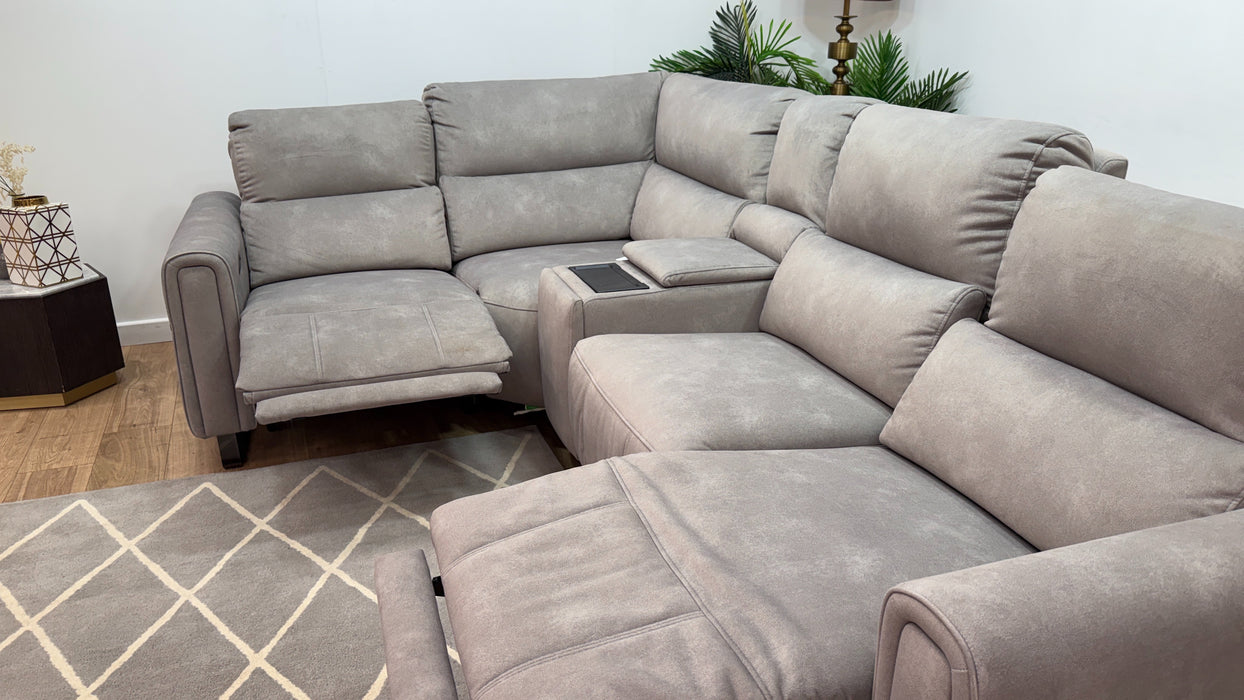 Sofology Ravello Fabric 1 Console Corner 2 Power Recliner/Headrest Lumbar Support in Lifestyle Flecked Stone