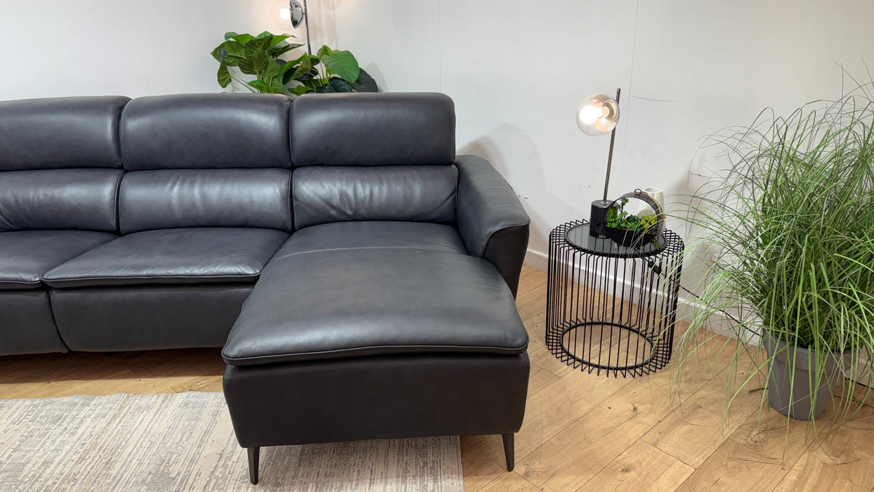 Sofology Viento Leather 3 Seater Chaise Power Recliner/Headrest Heated Seat Lumbar Support in Trusty Embossed Navy