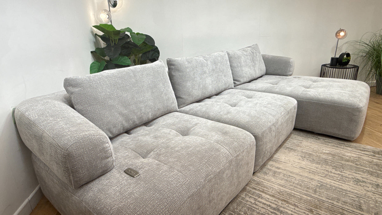 Sofology Fabric Flex 4 Seater Chaise Large Full Back Power Motion Back in Heavy Textured Chenille Light Grey