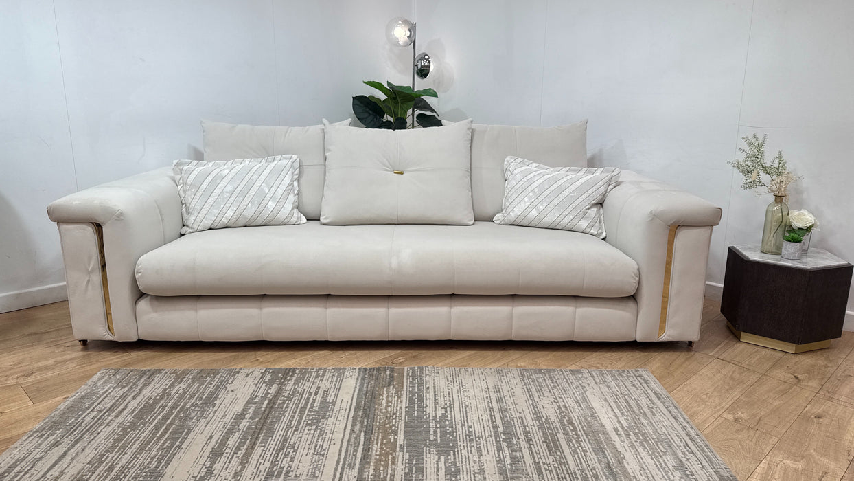 Sofology Oscar Fabric 4 Seater Gold Trim in Super Matt Velvet Ecru Mix