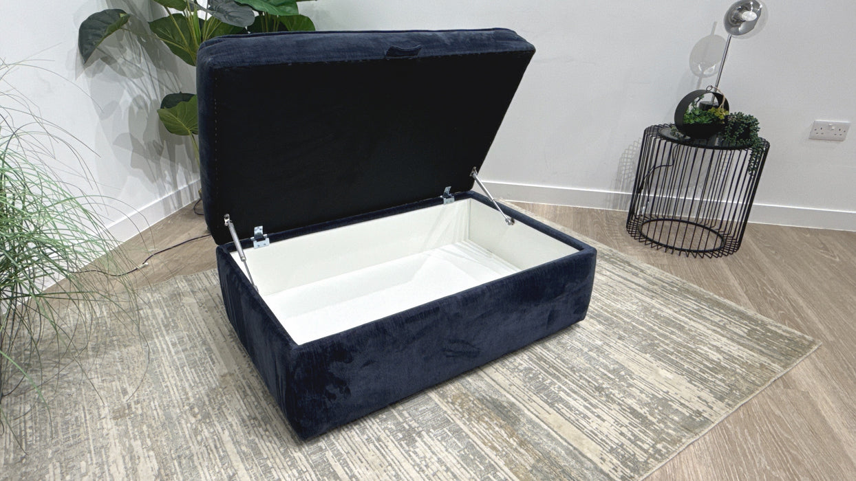 Sofology Laurent Fabric Storage Footstool in Luxury Deep Pile Chenille Denim