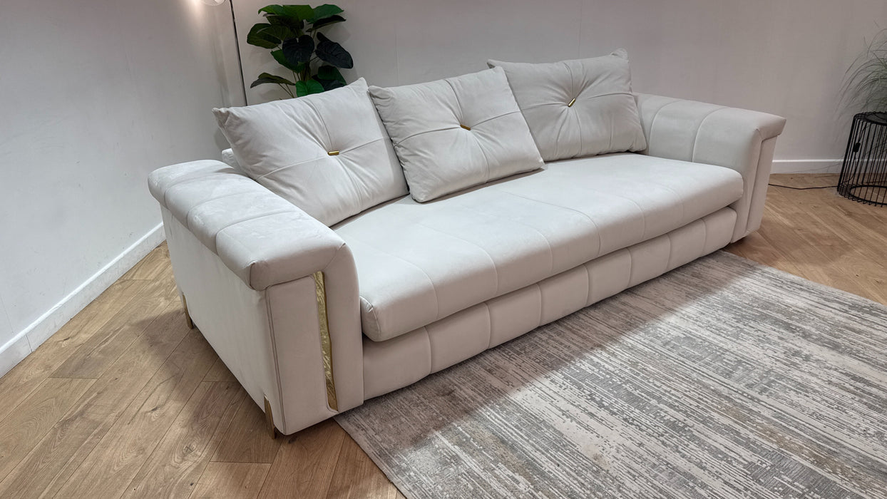 Sofology Oscar Fabric 4 Seater Gold Trim in Super Matt Velvet Ecru Mix