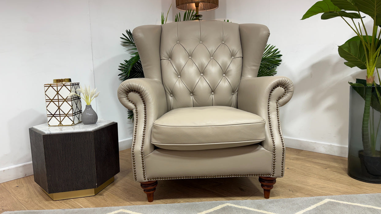 Sofology Darcy Leather Accent Wing Chair with Studs in Trusty Embossed Stone