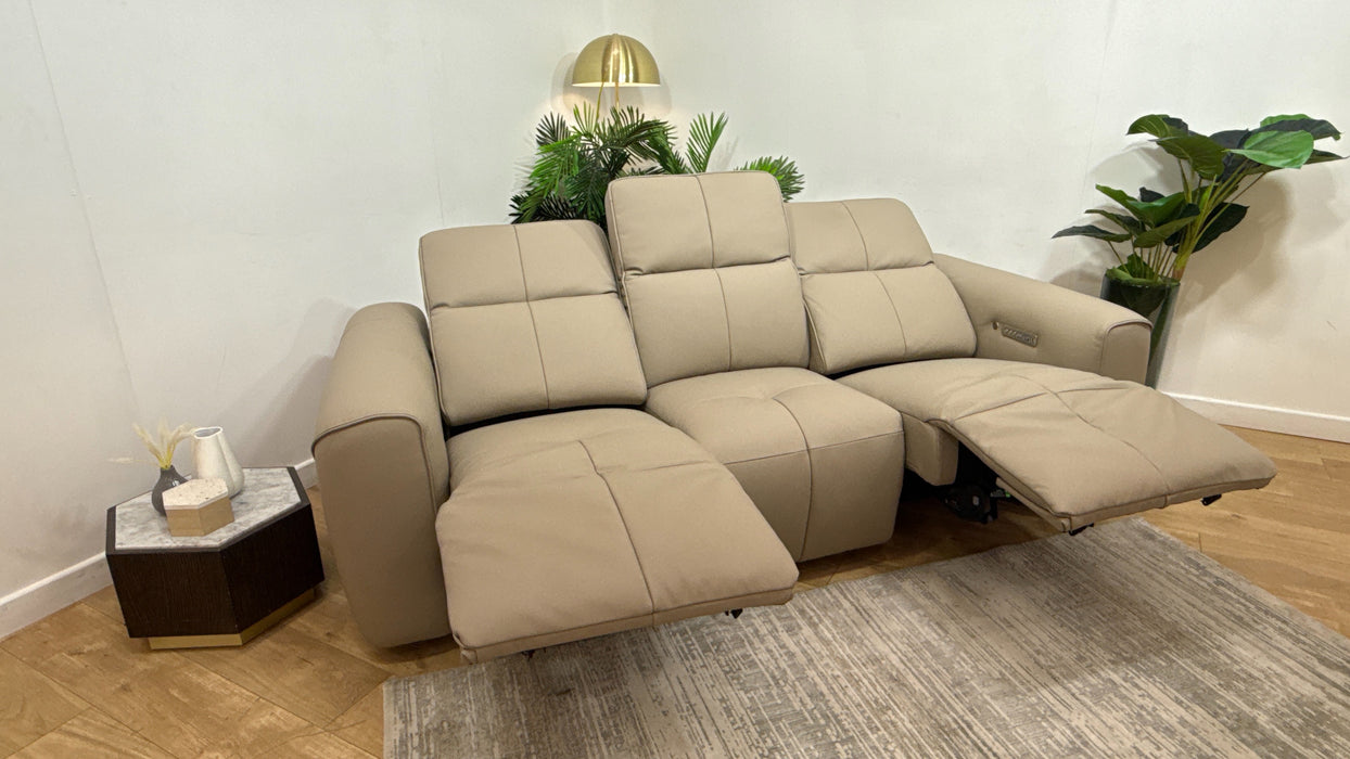Sofology Riviera 3 Seater Leather Power Recliner, Power Hdrst + Heated Seats in Super Matt Putty