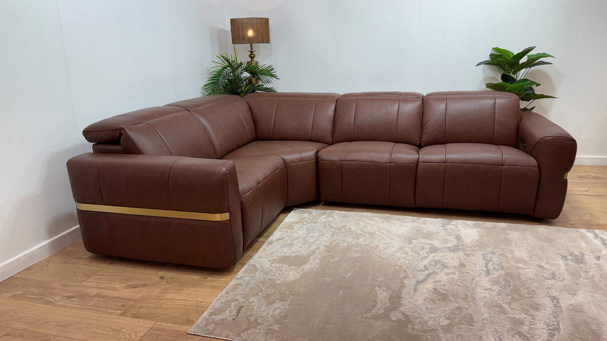 Sofology Lumiere Leather 1.5 Corner 3 Power Recliner/Headrest Gold Trim in Trusty Embossed Chestnut