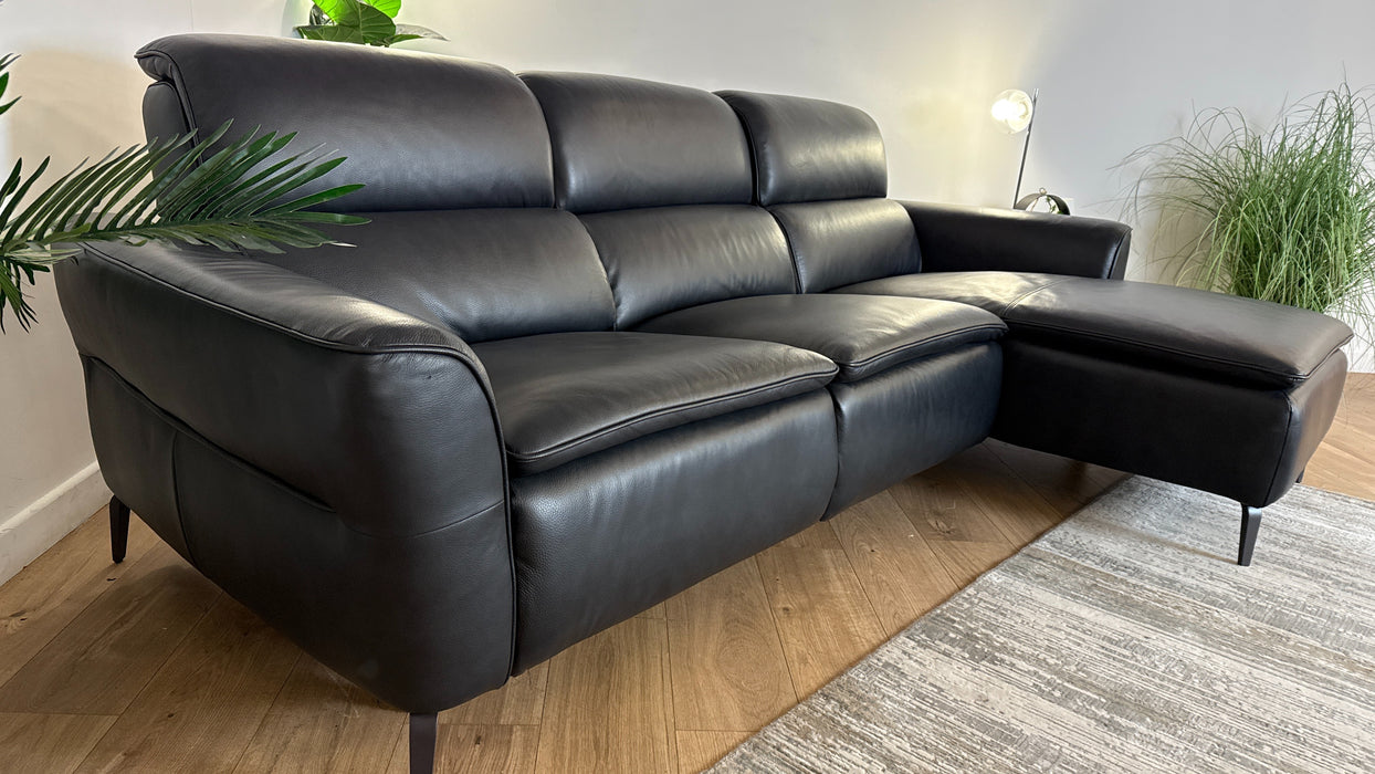 Sofology The Viento Leather 3 Seater Chaise Power Recliner/Headrest Heated Seat Lumbar Support in Trusty Embossed Navy