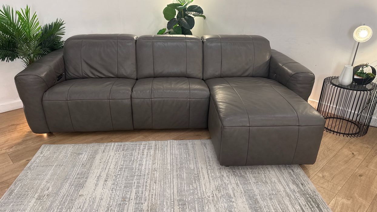 Sofology Lumiere Leather 4 Seater Chaise Power Recliner/Headrest Heated Seat in Trusty Embossed Grey