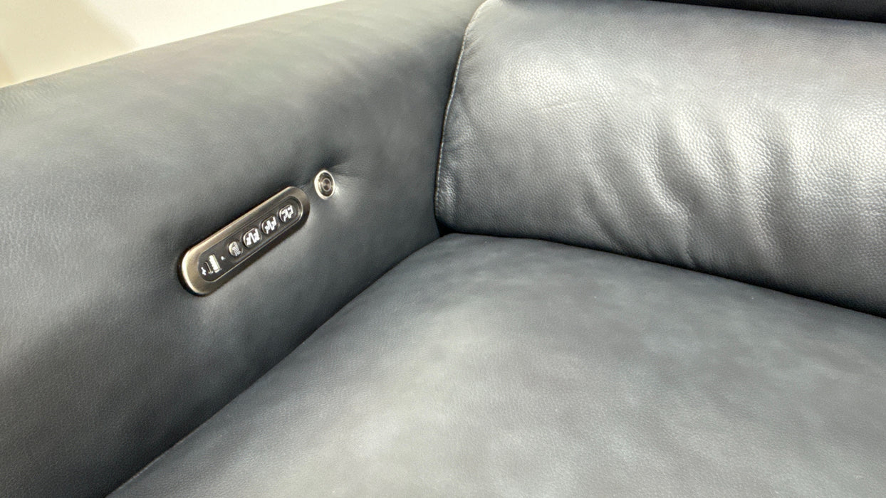 Sofology Viento Leather 3 Seater Chaise Power Recliner/Headrest Lumbar Heated Seat in Trusty Embossed Navy