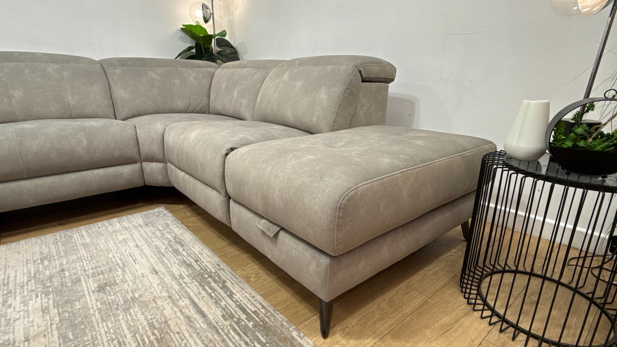 Sofology Jax Fabric 3 Corner 1.5 Chaise Power Recliner/Headrest Console in Lifestyle Flecked Stone