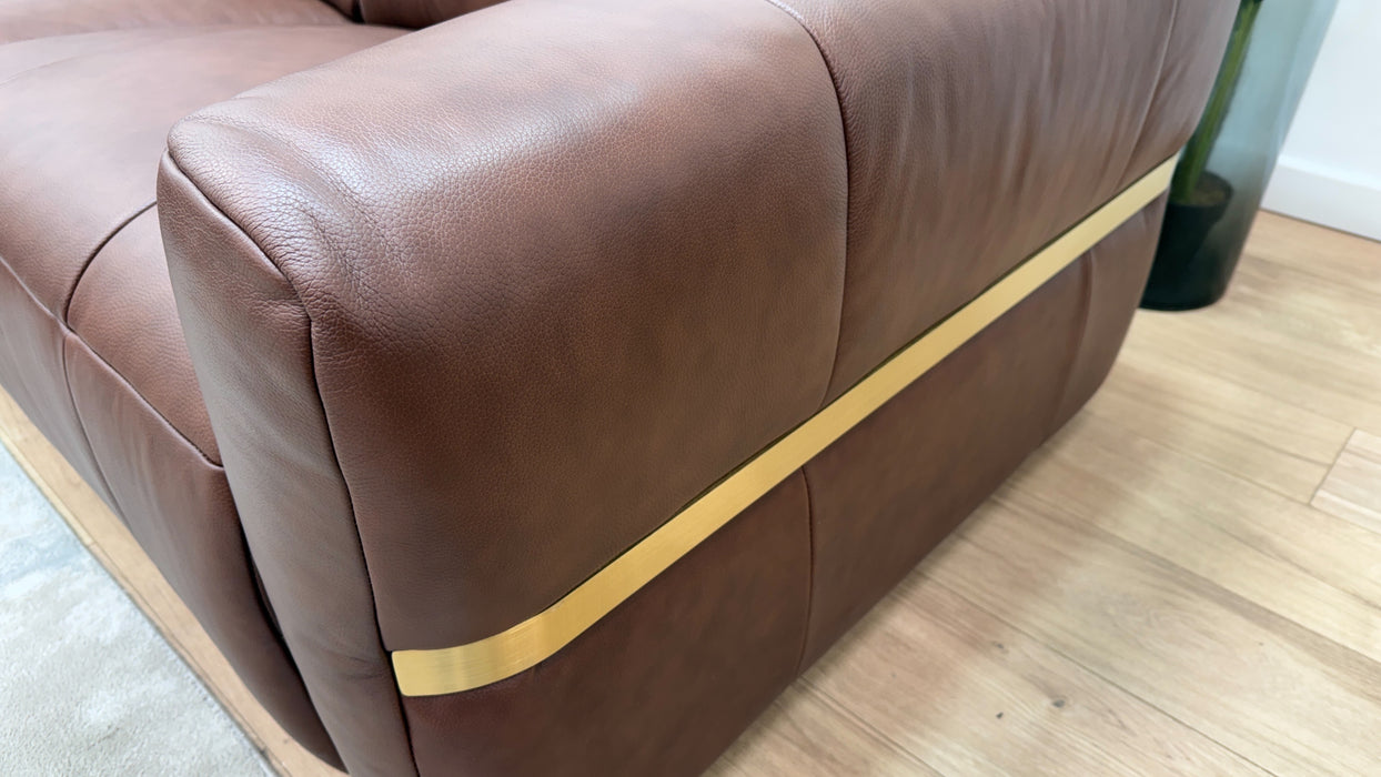 Sofology Lumiere Leather 1.5 Corner 3 Power Recliner/Headrest Gold Trim in Trusty Embossed Chestnut