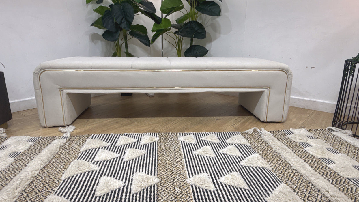 Sofology Oscar Fabric Large Bench Footstool Gold Trim in Super Matt Velvet Ecru