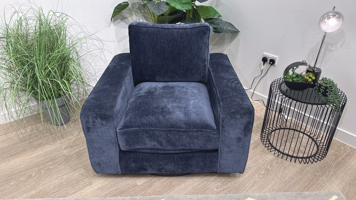 Sofology Laurent Fabric Accent Swivel Chair in Luxury Deep Pile Chenille Denim Mix