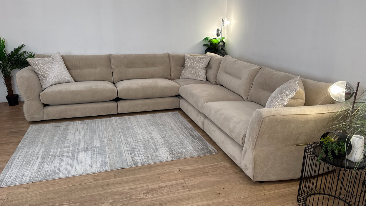 Sofology Reign Fabric 3 Corner 3 Gold Trim in Luxe Sherpa French Beige/Natural Mix