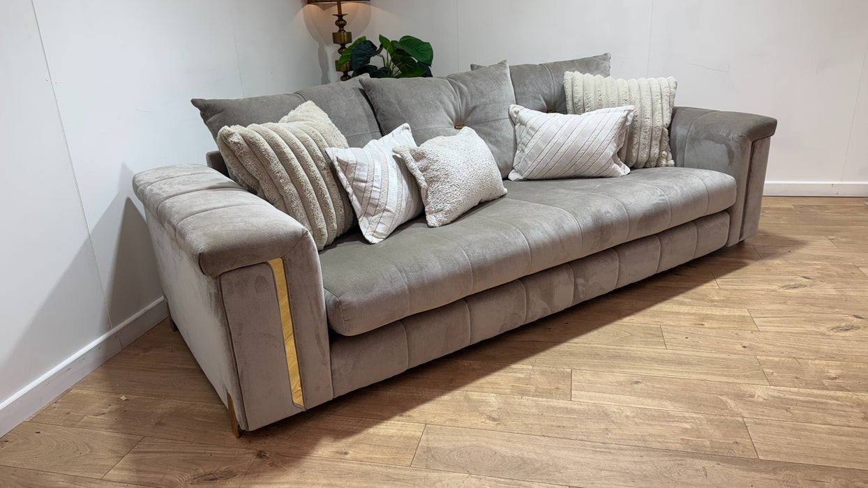 Sofology Oscar Fabric 4 Seater Gold Trim in Fine Textured Chenille Stone Mix