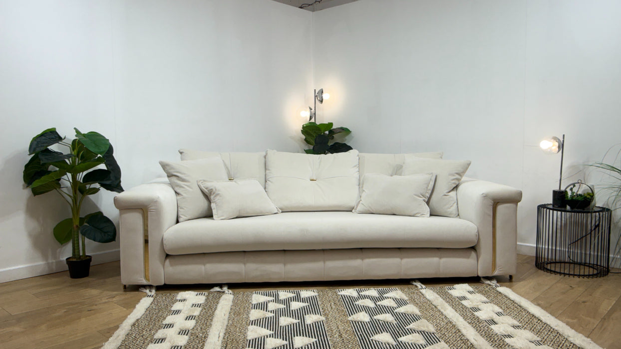 Sofology Oscar Fabric 4 Seater Gold Trim in Super Matt Velvet Ecru