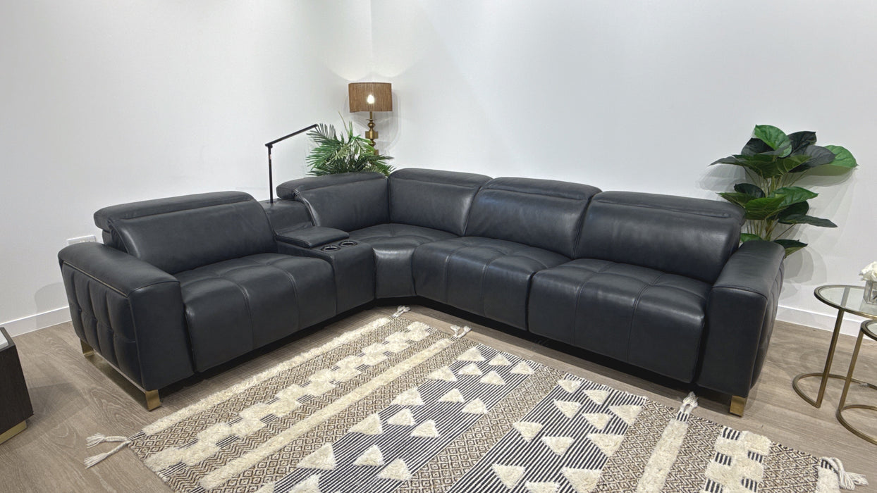 Sofology Marvella 1.5 Corner 3 Console Power Recliner Leather Sofa in Navy