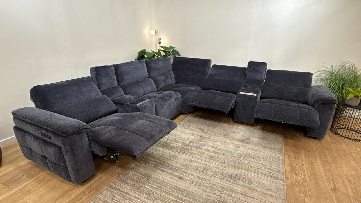 Sofology 3 Console Corner 3 Power Recliner/Headrest Heated Seats Lumbar Support in Montreal Denim