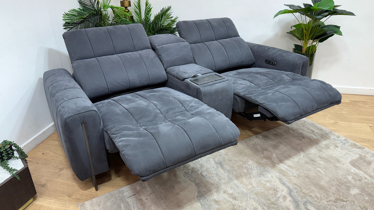 Sofology Paramount Leather 2.5 Seater Console Power Recliner/Headrest Heated Seats Speakers in Trusty Embossed Charcoal