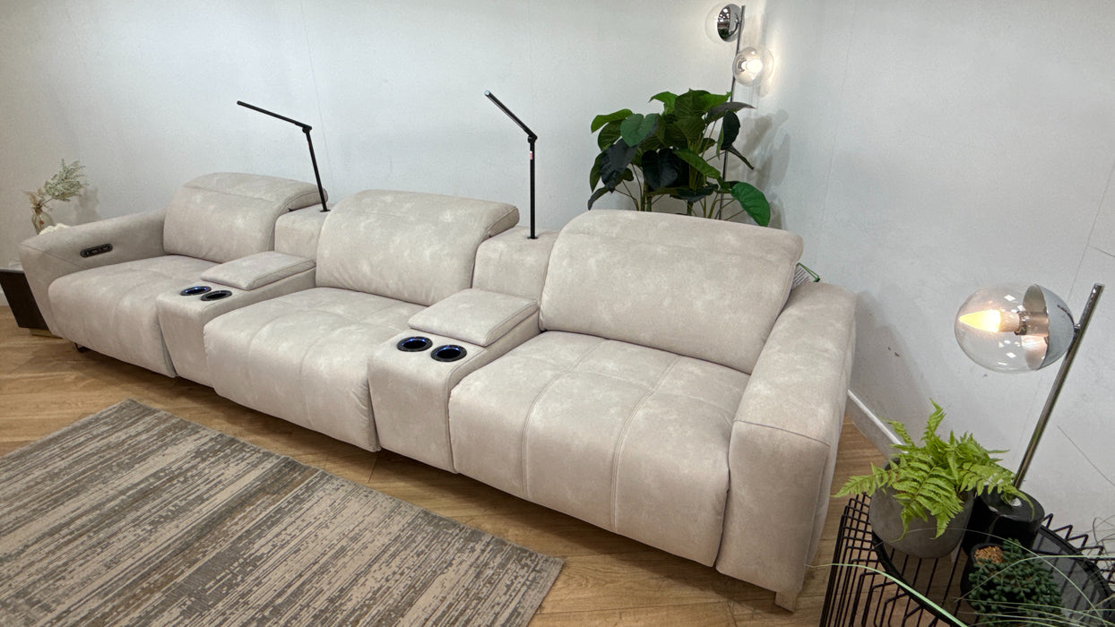 Sofology Marvella Fabric 3 Seater Cinema Sofa Console Power Recliner/Headrest in Lifestyle Flecked Ivory