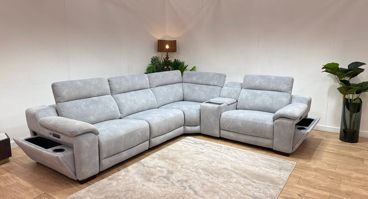 Sofology Portland Fabric 3 Corner Console 1.5 Power Recliner/Headrest Heated Seats in Lifestyle Flecked Silver