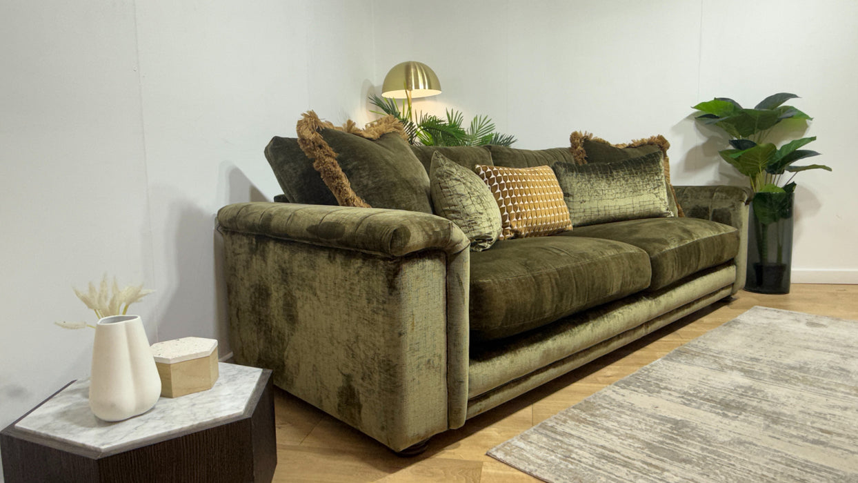 Sofology Regency Fabric 4 Seater Foam Seats with Studs in Luxe Chenille Olive Mix
