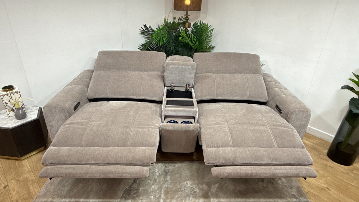 Sofology Allure Fabric 2.5 Seater Screen Console Power Recliner/Headrest Heated Seats Lumbar Speakers in Relaxed Chenille Nutmeg