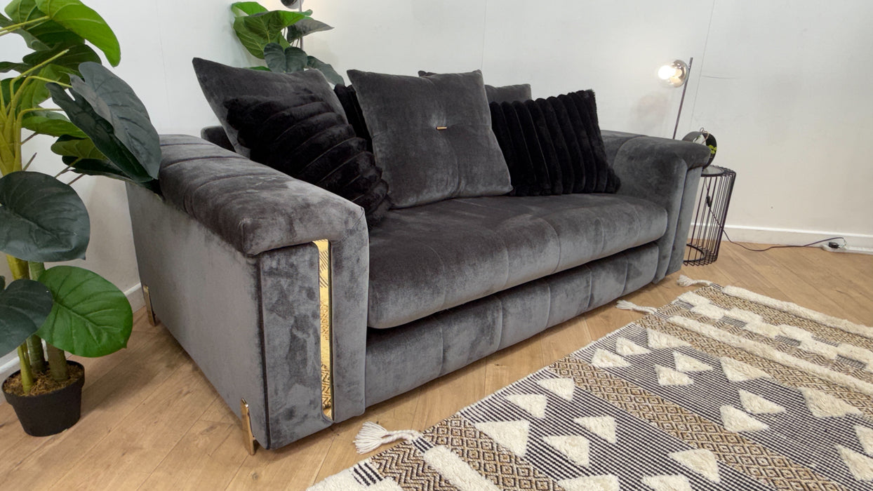 Sofology Oscar Fabric 2 Seater Gold Trim in Fine Textured Chenille Charcoal Mix