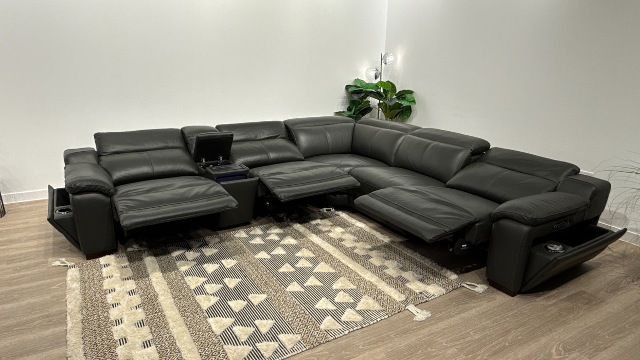 Sofology Portland Leather 3 Console Corner 3 Power Recliner/Headrest Heated Seats in Trusty Embossed Charcoal
