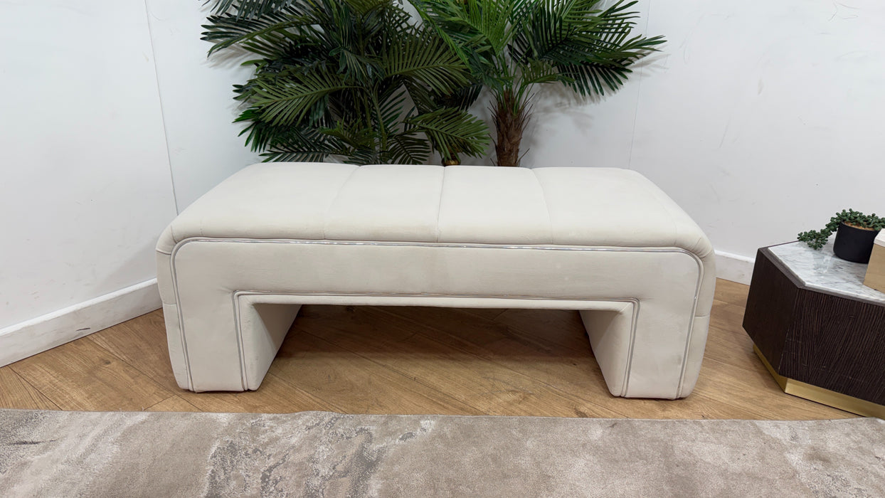 Sofology Oscar Fabric Small Bench Footstool Silver Trim in Super Matt Velvet Ecru