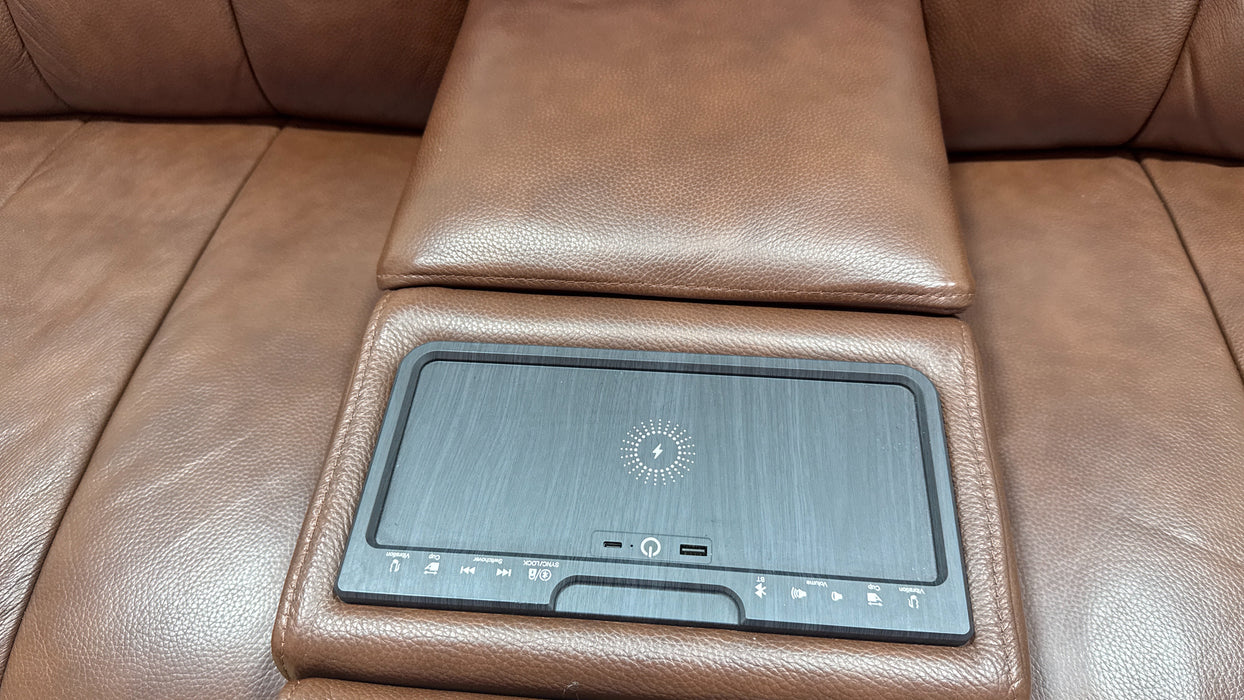 Sofology Paramount Leather 2.5 Seater Console Power Recliner/Headrest Heated Seats Speakers in Trusty Embossed Chestnut