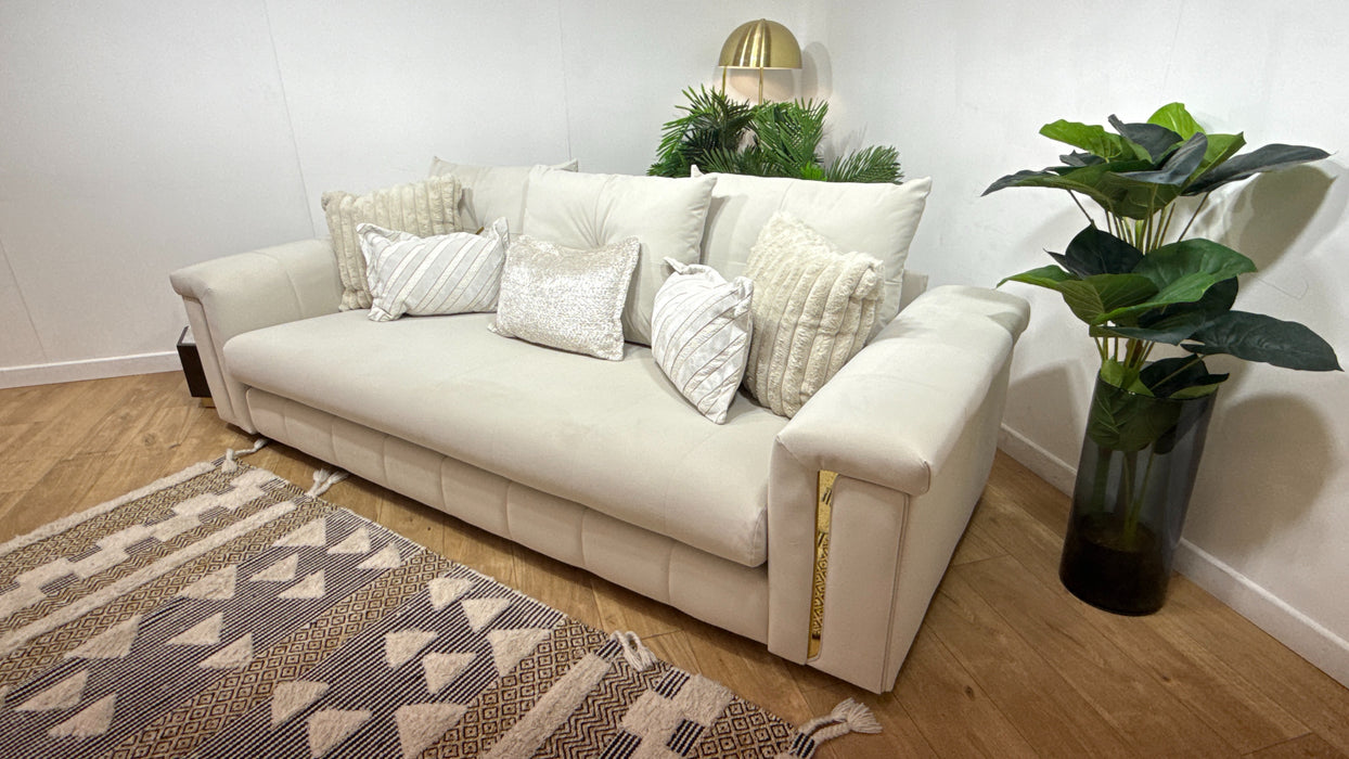 Sofology Oscar Fabric 4 Seater Gold Trim in Super Matt Velvet Ecru Mix